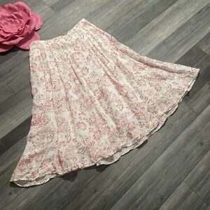 J. JILL Womens L/XL‎ Linen Floral Print Maxi Skirt Pink White Lagenlook Coastal